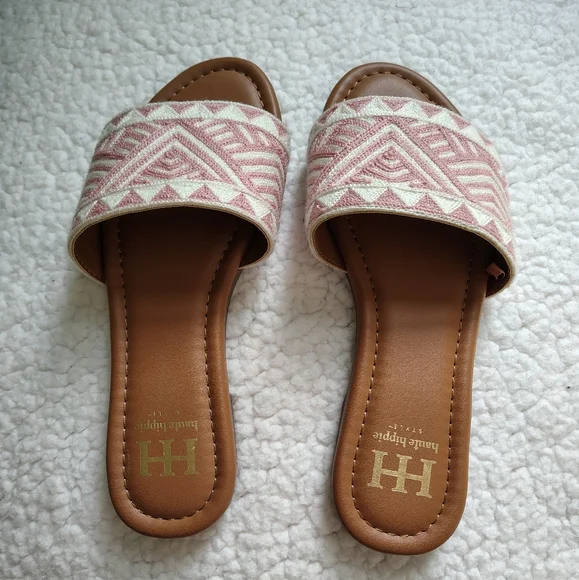 *NWOT* Haute Hippie Women's Size 7.5 Pink White Tan Slip-on Sandals Knit Design - Picture 11 of 12
